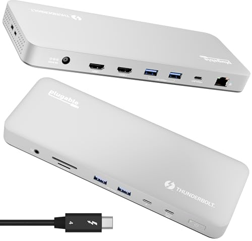 Plugable Thunderbolt 4 Dock para MacBook Air y Pro M4/M5: estación de carga de 100 W sin controlador para laptop con monitor dual HDMI 4K o USB 6K, 6X, SD, Ethernet, certificado Thunderbolt (TBT-UDM)