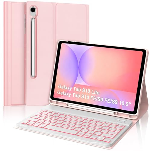 Coque Clavier pour Samsung Galaxy Tab S10 Lite/S10 FE/S9 FE 10.9/S9 11 | 7 Couleurs Rétroéclairées, Étui Keyboard Détachable Bluetooth sans Fil, AZERTY Français avec Porte Crayon, Rose clair