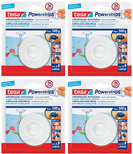 tesa Powerstrips Deckenhaken - Selbstklebender, drehbarer Haken in Weiß zum Aufhängen von Decken-Dekoration Powerstrips Large (Auf glatten Oberflächen, 4 Packungen)
