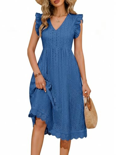 PASUDA Women Dresses Summer Elegant V Neck Ruffle Sleeve Midi Dress Casual A-Line Ladies Dresses High Waist Beach Sundress with Pockets Holiday Dress (Blue, M)