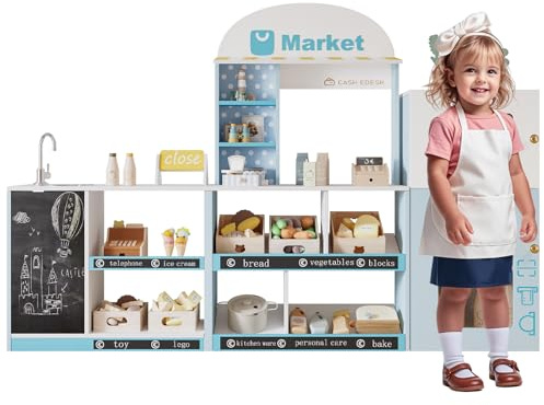 Kinder Spielgeschäft aus Holz, Großer Kaufmannsladen mit Kühlschrank & Kasse, Supermarkt mit Kreidetafel & Regalen, 155x30x107.5 cm Blau, Ab 3 Jahren