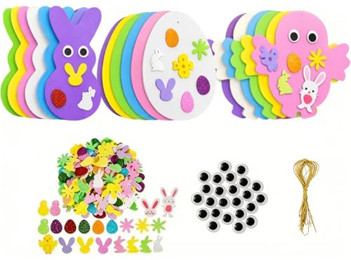 UxuoQxa Moosgummi Bastelset Kinder, Bastelset Ostern für Osterdeko Fenster, Frühling Dekoration mit 6 Eiern 6 Hühnern 6 Hasen