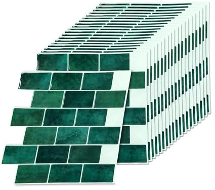Relaxdays Klebefliesen, 10 Stück, Bad & Küche, Fliesenaufkleber 30x30, grün | selbstklebend, 3d Fliesen zuschneidbar, PU