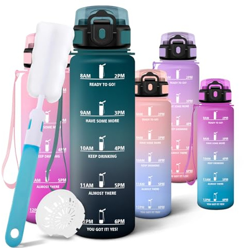 Motswedi Borraccia 500 ml, Borraccia Sportiva, a Prova di Perdite Bottiglia acqua, Include Spugna di Pulizia, Motivazionale Bottiglia Plastica - Verde Pallido & Grigio