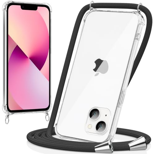 caslord Handyband kompatibel mit iPhone 13 Mini | Transparent Hülle mit Handykordel | Handyhülle für zum Umhängen | für Sport Reisen Partys Einkäufe Babypflege | Schwarz