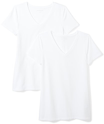 Amazon Essentials Women's Regular-Fit Short-Sleeve V-Neck T-Shirt, Pack of 2, White, XXL