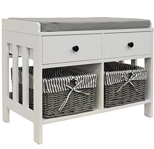 WATSONS DOUBLE - Storage/Shoe Storage Bench with Two Drawers and Baskets - White/Grey