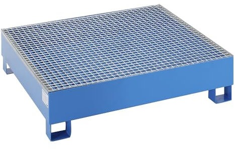 eurokraft | basic | Stahl-Auffangwanne für 200-l-Fässer | LxBxH 1200 x 1200 x 285 mm | mit Zulassung | blau pulverbeschichtet | mit Gitterrost