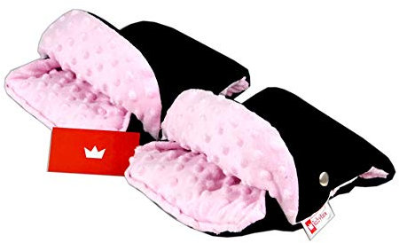 BABYLUX MUFF Handmuff PLÜSCH Handwärmer für Kinderwagen Buggy Handschuh 2 Stück (2. Schwarz + Minky Rosa)