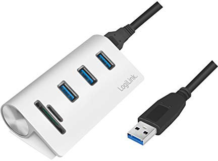 LogiLink CR0045 - USB 3.0 Hub (3-Port) mit Kartenleser für SD + Micro-SD Speicherkarten, Aluminiumgehäuse, für Windows/MAC OS/Linux, Silber