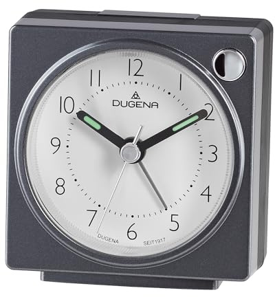 Dugena Quarzwecker, schleichende Sekunde, mit Weckzeiger, Weckwiederholung, Zifferblattbeleuchtung, ansteigendes Wecksignal, Maße 63 x 66 x 33 mm, inklusive Batterie, Farbe:Anthrazit