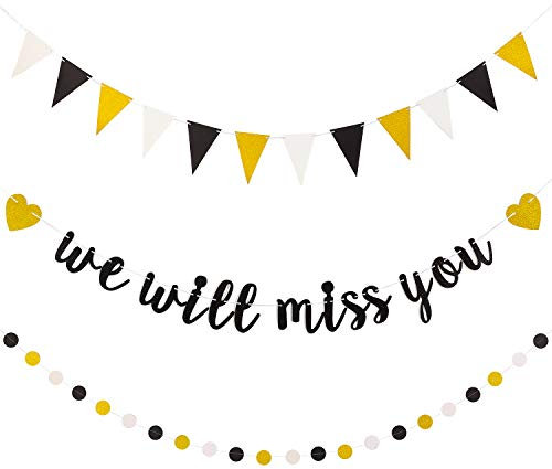 3 Stücke We Will Miss You Banner Schwarz Weiß Funkeln Gold Punkt Girlande und Dreieck Flagge Banner für Ruhestand Abschluss Weggehen Party