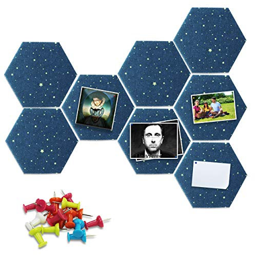Fovasen Hexagon Felt Board Tiles - Self Adhesive Wall Memo Notice Pin Board Tiles with Push Pins - Star 8 Pcs