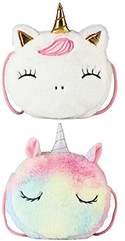 SOTOGO Kleine Mädchen-Geldbörsen für Kleinkinder, Umhängetasche, Plüsch-Einhorn, niedliche Prinzessinnen-Handtaschen, Schultertasche, Kuriertasche für Kinder, 2 Stück, Ein Einhorn-Plüsch, bunt/weiß,