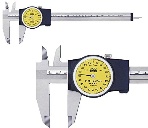Prüfmittel24 TESA Messschieber 150 mm / 0,02 mm CCMA-P 00510004 mit eckigem Tiefenmaß 2 mm pro Zeigerumdrehung, Ohne Antriebsrad