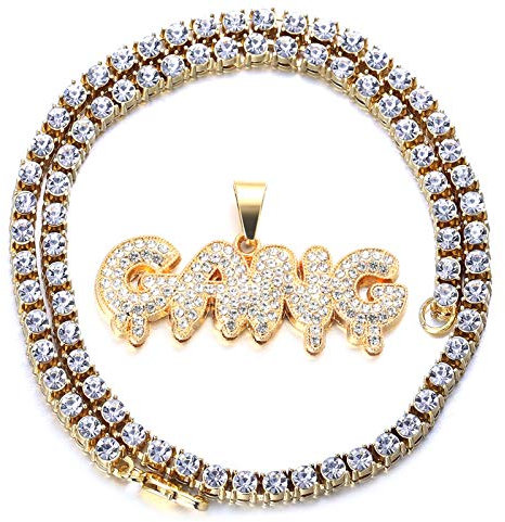 Halukakah Goldkette mit Blasenbuchstabe Gang Iced Out,Diamant Halskette für Männer 18 Karat Echtvergoldung mit Tenniskette 50cm Kostenlose Geschenkbox