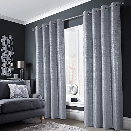 always4u Gardinen mit Muster Silber Blickdicht 100%, Samt Vorhang Wohnzimmer, Vorhang Verdunkelung Kurz mit ösen, Stoff Glänzend Eleganter, Silber 2er Set 245x140cm