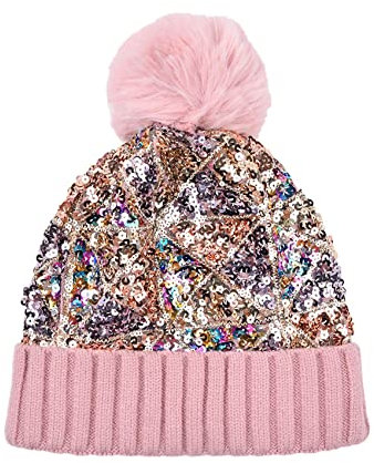 BOLLEY JOSS Damen-Wintermütze, Glitzer-Pailletten, bunt, gestrickt, Kunstfell, Pompons, Beanie, Mützen, rose, Einheitsgröße