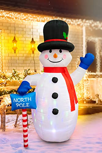 Aufblasbarer, 1,83 m langer, handwinkender Schneemann mit Nordpol-Schild, beleuchtet, netzbetrieben, mehrfarbige LED-Lichter, Weihnachtsrequisiten, Dekoration für den Außenbereich und den Garten