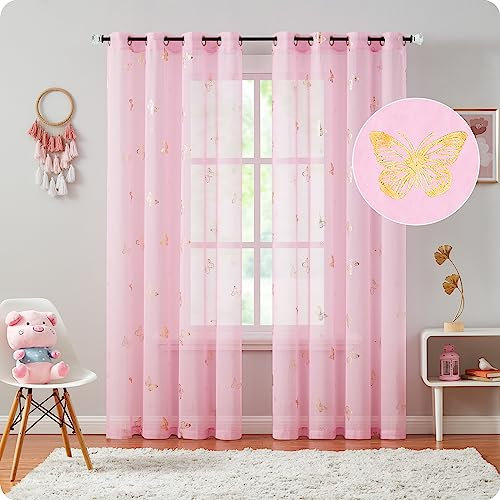Treatmentex Vorhänge Transparent Gardinen mit Ösen Gold Schmetterling Druck Gardinen Voile Dekoschal Ösenvorhang für Mädchenzimmer, Kinderzimmer, Babyzimmer-2 Stücke(Rosa,140 x 225 cm)