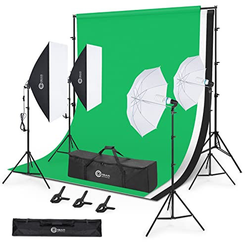 OMBAR Kit Studio fotografico,2,6 x 3 m supporto per sfondo fotografico da, 4 X 135 W E27 5500 K lampadine,panno fotografico da 2 x 3 m (nero bianco verde), ombrello riflettente bianco e Softbox