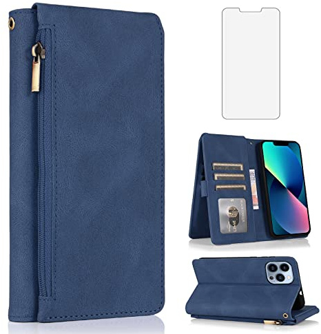 Asuwish Compatible with iPhone 13 Pro 6.1 inch Wallet Case Tempered Glass Screen Protector Zipper Leather Flip Cover Card Holder Phone for iPhone13Pro 5G i i-Phone i13 iPhone13 13Pro Women Men Blue