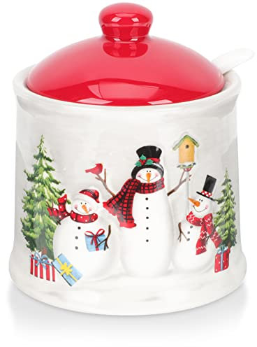 DOITOOL Christmas Ceramic Jar Jar Xmas Condiment Container Snowman Seasoning Pot Sugar Bowl with Lid Spoon Pepper Storage Jar for Tea Coffee