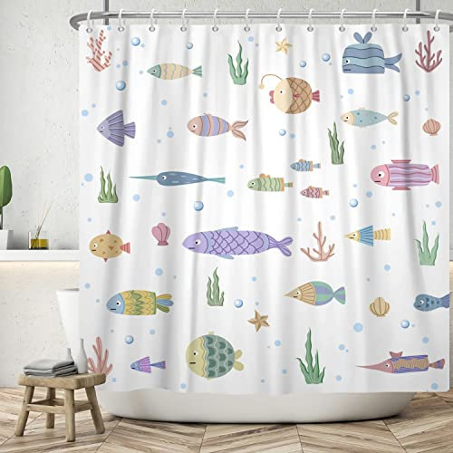 Ttincceer 180x200cm Cartoon Fisch Duschvorhang Aquarell Meerestiere Wasserpflanzen Koralle Badvorhang Unterwasserwelt Unterwasserlandschaft Duschvorhänge Wasserdicht Badewanne Vorhang