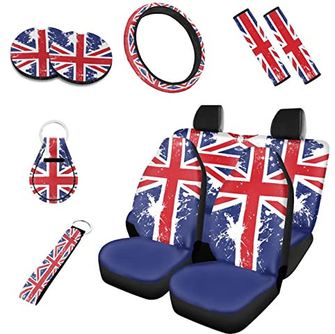 Kuiaobaty Union Jack Flag Car Seat Covers Full Set of 10 Pcs, Blue Universal Auto Interior Protector Accessory Steering Wheel Covers