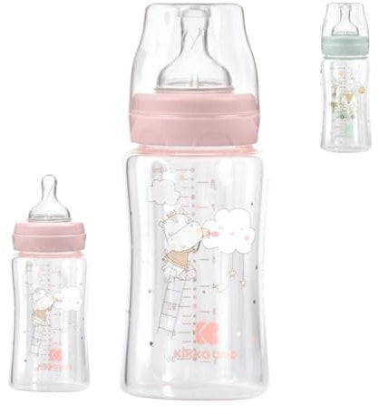 Kikkaboo biberon en verre bébé 240 ml ouverture large, tétine silicone taille M, coloris:rose