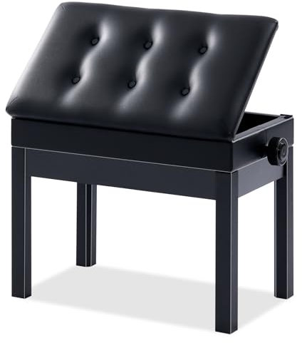 AODSK Verstellbare Klavierbank aus Holz mit gepolstertem Kissen und Stauraum mit Notenaufbewahrung, Schwarz, 57 x 34 x 47 cm (höhenverstellbarer Bereich: 47 - 57 cm)
