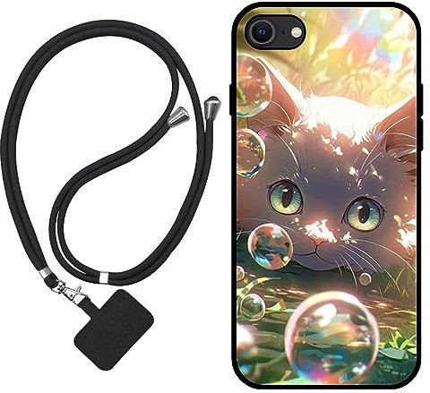 Sunrive Hülle Kompatibel mit iPhone SE 2020/8/7 Case,matt Handyhülle Schutzhülle Etui Karikatur Muster TPU Backcover (Blase Katze) +1x Universale Handykette MEHRWEG