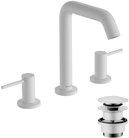 hansgrohe Tecturis S - 3-Loch Waschtischarmatur mit Push-Open Ablauf, Wasserhahn Bad mit Auslauf Höhe 150mm, Mischbatterie Waschbecken wassersparend (EcoSmart+), Mattweiß