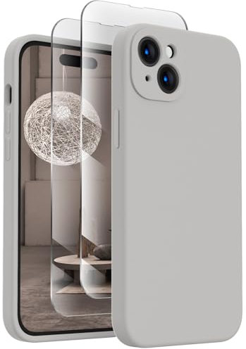 FireNova Designed for iPhone 15 Case, Silicone Upgraded [Camera Protection] Phone Case with [2 Screen Protectors], Soft Anti-Scratch Microfiber Lining Inside, 6.1 inch, Natural Titanium