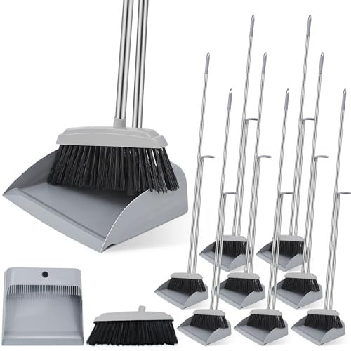 Tioncy 8 Set 16 Pcs Broom and Dustpan Set 53 Inch Broom with Dustpan Combo with Long Handle Upright Stand up for Office Home Kitchen Lobby Floor Cleaning