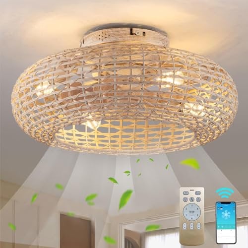 Ventilatore Da Soffitto Con Illuminazione Rattan E27 Luce Con Ventilatore Con Telecomando E APP Lampadario Silenzioso Con Timer A 6 Velocità Del Vento Con Ventilatore Per Soggiorno Camera Da Letto