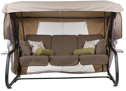 PATIO Hollywoodschaukel 4 Sitzer mit Liegefunktion 179 cm Venezia Lux Sitzpolster beige Sonnendach Moskitonetz Seitentische Dekokissen