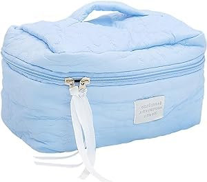 AMJKEJI Trousse de Toilette Femme, Grande Trousse de Maquillage Voyage, Sac à Cosmétiques avec Poignée, Étanche Portable Trousse de Rangement Toilette pour Femme Fille Voyage, Bleu