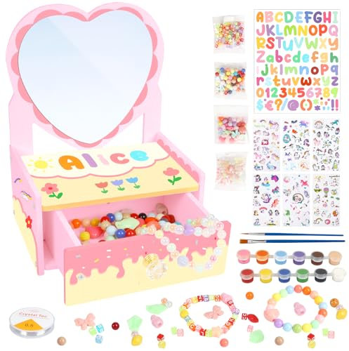 LOHAME Schmuckkästchen Bastelset Kinder Mädchen Geschenk Schatzkiste Holz zum Bemalen Mädchen ab 5 7 8 9 10 11 12 Jahre Herz Schminkkoffer Holzbastelset mit Einhorn Aufkleber für Mädchen Party