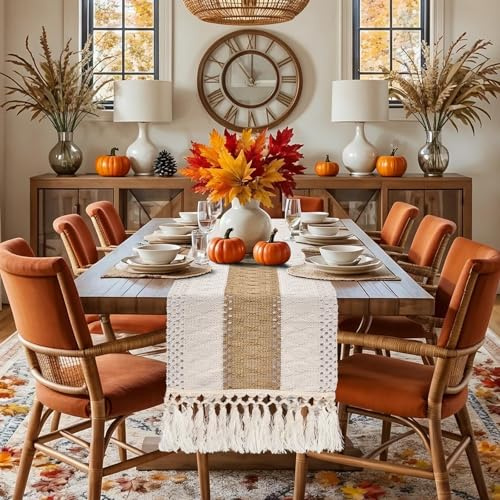 yuboo Boho Table Runner 72 inches Long - Fall Long Buffet Cabinet Table Runner, Macrame Dresser Runners for Bedroom,Dining Room, Kitchen, TV Stand, Bohemian Home Office Desk Decor, Brown