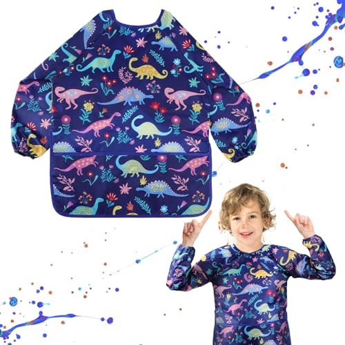 BETESSIN Malkittel Kinder Dinosaurier - Wasserdicht Malschürze für Kinder 2~8 Jahre - Größe M (für Körpergröße 90~140cm) - Ideal für Schule, Haushalt und als Geschenkidee zum Schulanfang