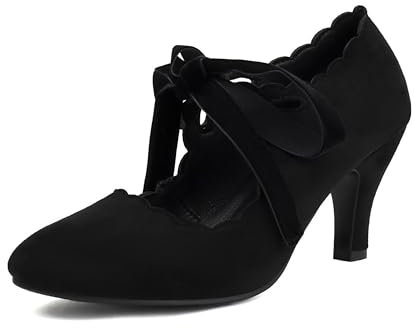elerhythm Damen Mary Jane Vintage Lace Up Teardrop Cut Out Close Runde Zehe 1920er Jahre Gatsby Heels Retro 1950er Jahre viktorianische Pumps Wildleder Schuhe (Black EU38)