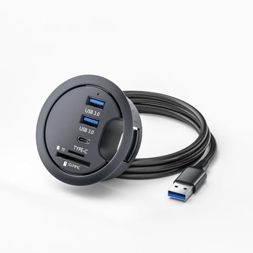 chenyang USB 3.0 Unterputz Desktop Hub,2 USB 3.0 Port/1 USB C Port Hub Tüllenloch 2,36 Zoll (60 mm) mit SD/TF Kartenleser Anschluss