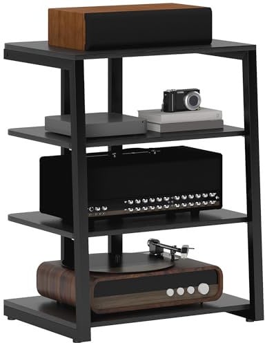 HOMCOM HiFi Stand, 4-Tier Media Storage Shelf with Adjustable Shelves, Power Strip Rack for Router, Record Player, Printer, Industrial TV Stand for up to 28 Inch TVs, Black