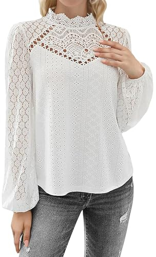 TANTOMI Bluse Damen Elegant Stehkragen Elegante Blusen Oberteile Lässige Tops mit Laternenärmeln Rüschenbluse Weiße Weisse