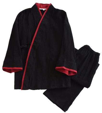 CAMDOM Ensemble de pyjama deux pièces en coton de style japonais pour homme, Noir, XL