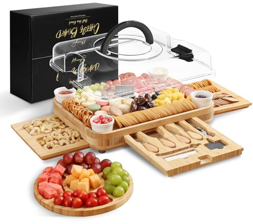 KHINYA Tablas de charcutería, juego de tablas de queso, tabla de charcutería con tapa, regalos para mujeres, plato de queso para inauguración de la casa, práctico diseño de tapa con asa (3 cajones,