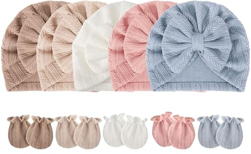 DRESHOW Bonnets de Naissance et Moufles de Protection Coton - 5 Pcs Bonnets Coordonnés et 5 Paires Mitaines Scratch de Protection Child Bébé Fille Garçon