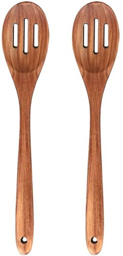2-Piece 12 inch Large Wooden Spoon Set Slotted Spoon with Hole,Cooking Spoons Acacia Wood Kitchen Spatula for Mixing Stirring Serving Spoons 