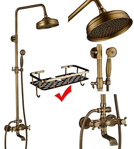 Antique Brass Shower System with Porcelain Ceramic Shower Column and Swivel Rotate Bath Spout Dual Knobs Mixer Tap for Bath Shower Kit